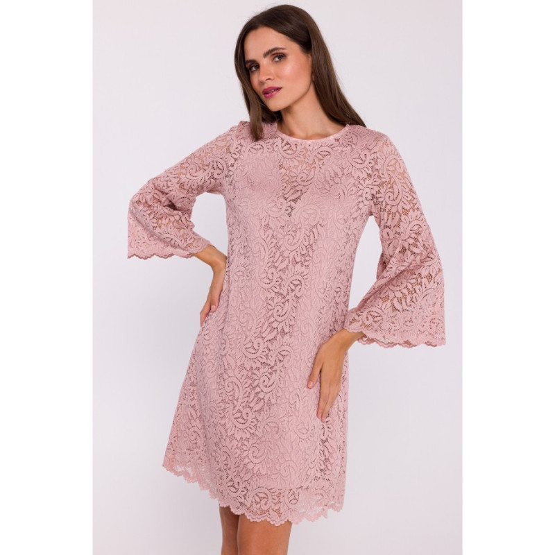 S380 Koronkowa sukienka trapez - pudrowa
