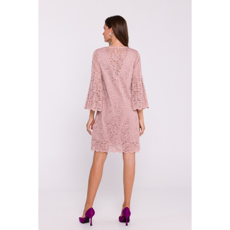 S380 Koronkowa sukienka trapez - pudrowa