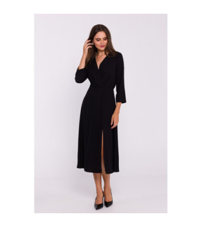 S385 Rozkloszowana sukienka z kopertowym dekoltem - czarna