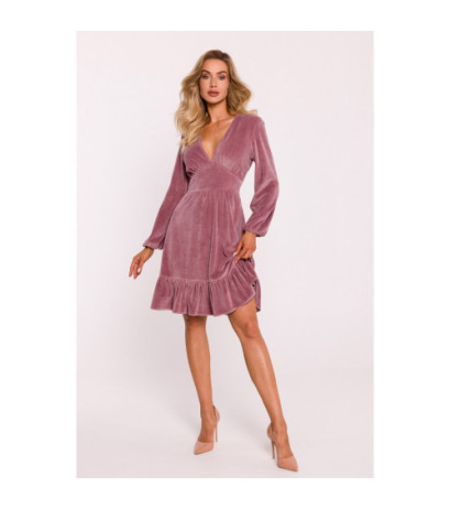 M826 Welurowa sukienka z karczkiem - brudny róż