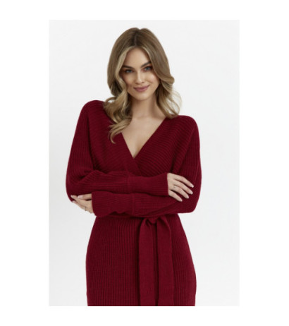 M810 Sukienka swetrowa z dekoltem kopertowym i paskiem - bordowa
