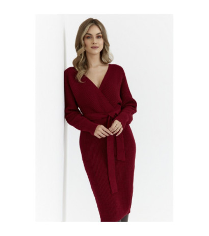M810 Sukienka swetrowa z dekoltem kopertowym i paskiem - bordowa