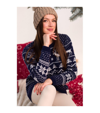 MXS09 Kalėdinis tiesaus kirpimo megztinis - tamsiai mėlynas