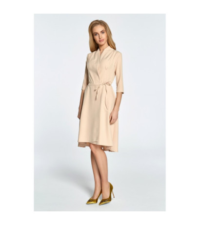 S099 Sukienka midi na zakładkę z tunelem - beżowa