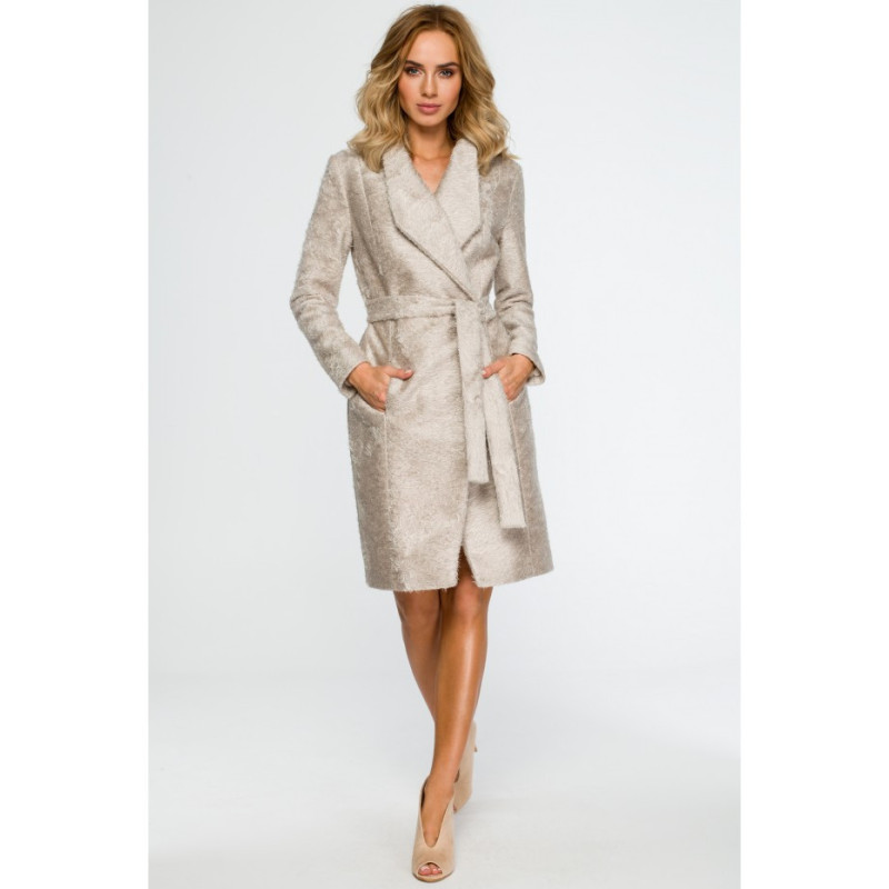 M410 Stylowy płaszcz z paskiem - beżowy