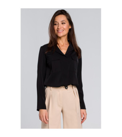 S144 Luźna bluzka koszulowa - czarna