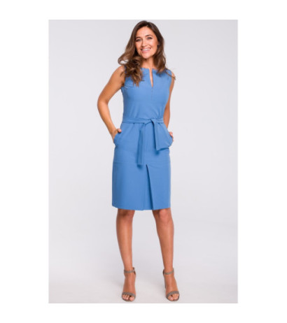 S158 Sukienka z kontrafałdą i kieszeniami - niebieska