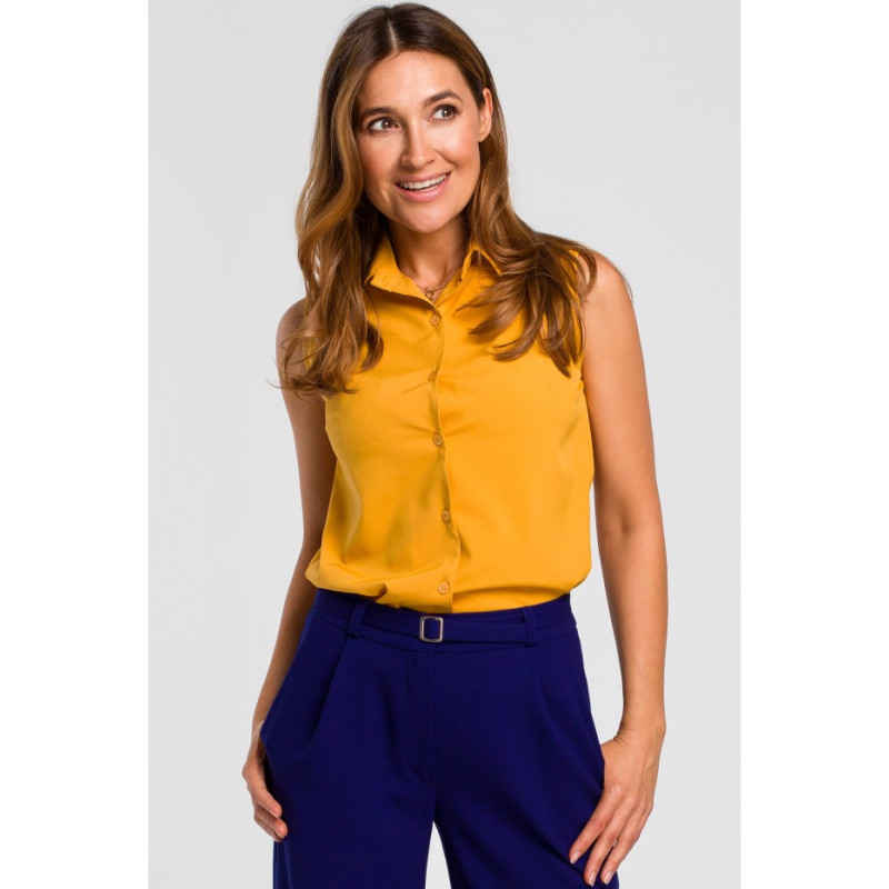 S172 Bluzka damska z kołnierzykiem bez rękawów - żółta