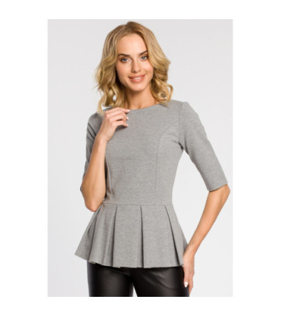 M139 Dopasowana bluzka damska z plisowaną baskinką - szara