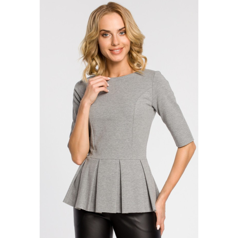 M139 Dopasowana bluzka damska z plisowaną baskinką - szara