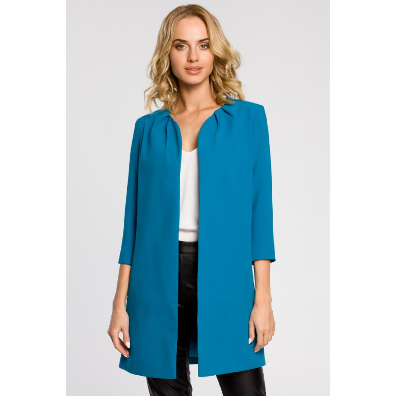 M193 Prosty niezapinany żakiet damski midi - turkusowy