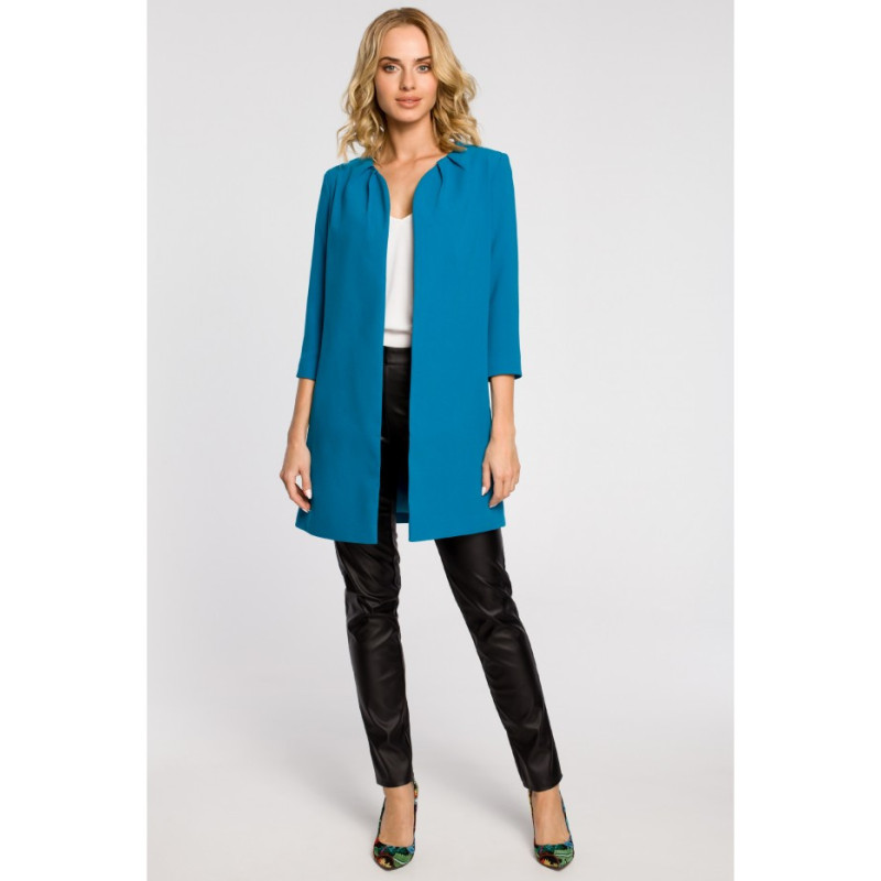 M193 Prosty niezapinany żakiet damski midi - turkusowy