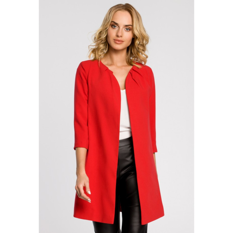 M193 Prosty niezapinany żakiet damski midi - czerwony