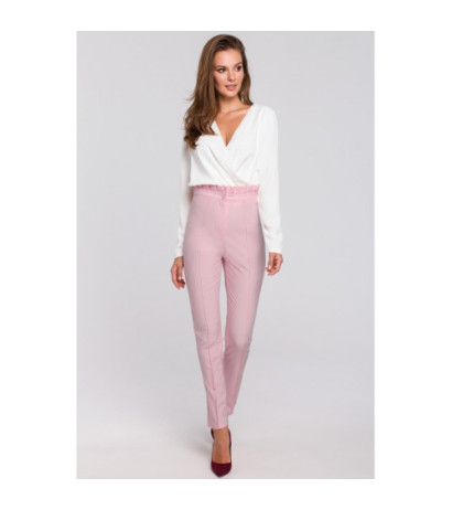 K008 Spodnie z wysokim stanem i falbanką - liliowe