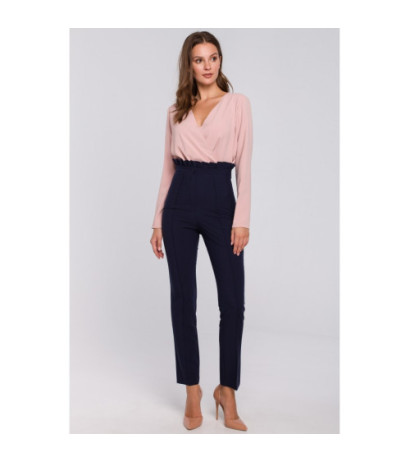 K008 Spodnie z wysokim stanem i falbanką - granatowe