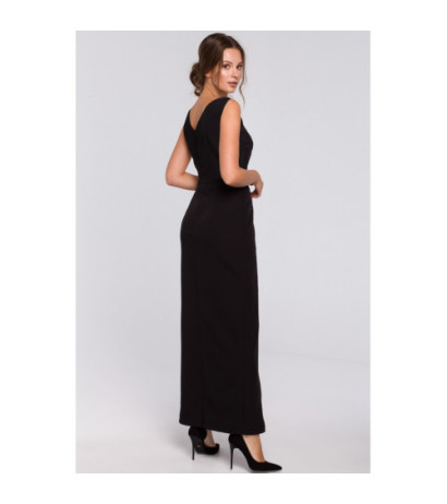 K012 Długa sukienka wieczorowa z koronkowym dołem - czarna