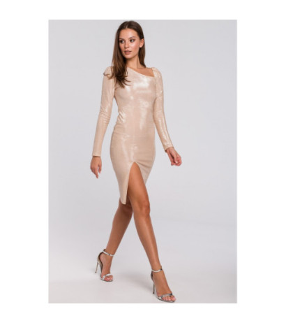 K017 Sukienka z bufiastymi rękawami - beżowa