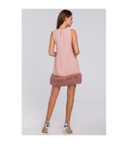 K038 Sukienka z pasem marszczonego tiulu - pudrowa