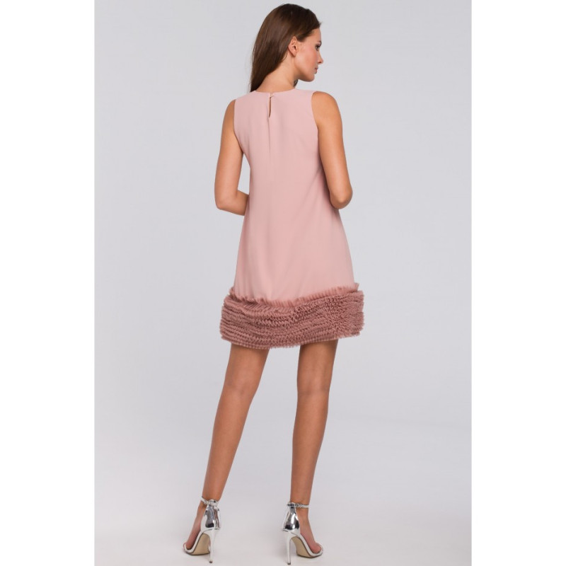 K038 Sukienka z pasem marszczonego tiulu - pudrowa