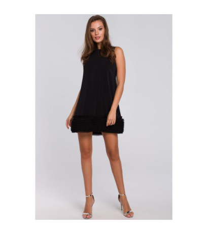 K038 Sukienka z pasem marszczonego tiulu - czarna