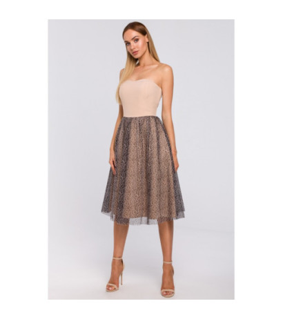 M482 Sukienka gorsetowa z tiulem w panterkę - beżowa