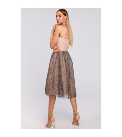 M482 Sukienka gorsetowa z tiulem w panterkę - beżowa