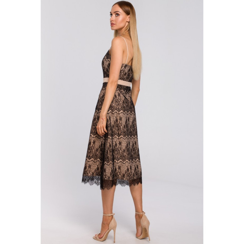 M483 Sukienka na ramiączkach z ręcznie ciętej koronki - beżowa