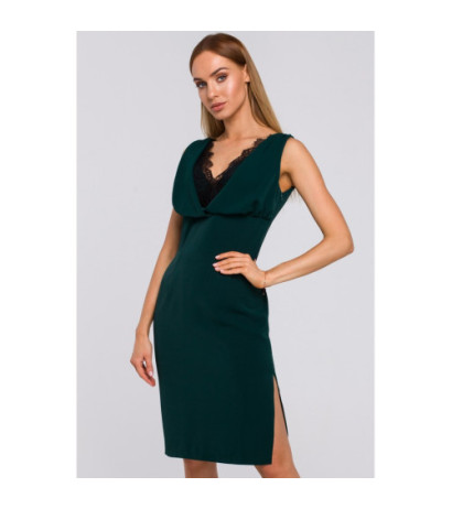 M486 Sukienka z koronkową wstawką w dekolcie - zielona