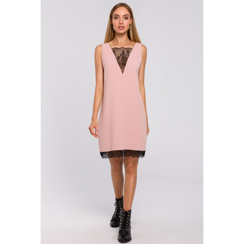 M488 Sukienka z koronkową wstawką z przodu i z tyłu - pudrowa