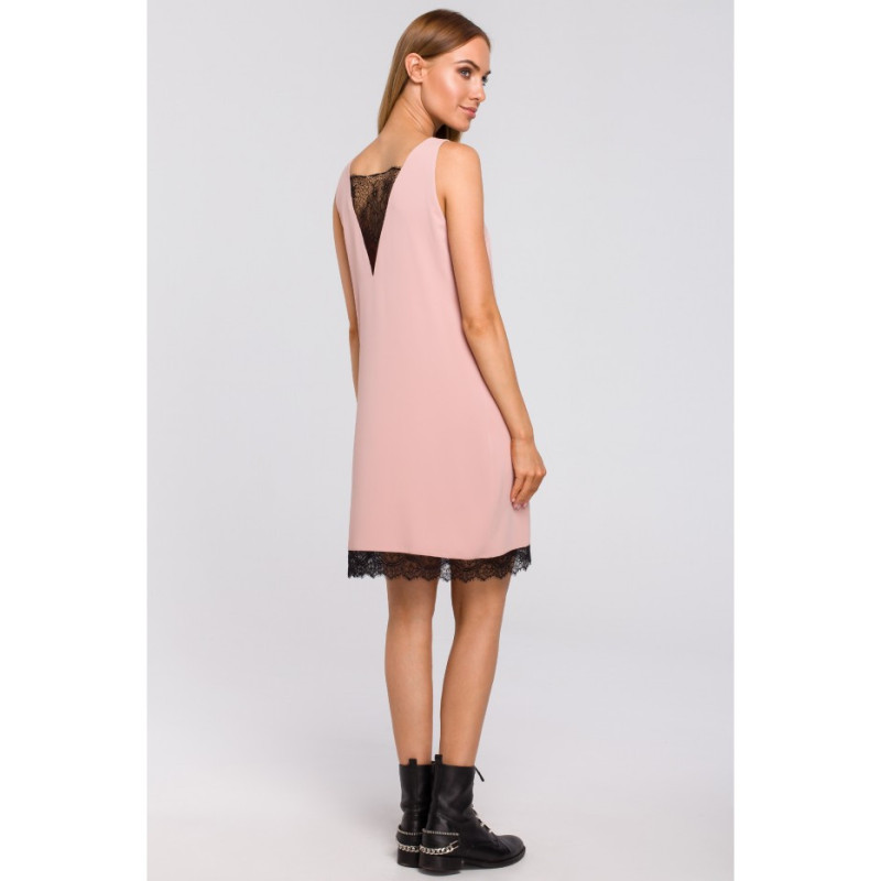 M488 Sukienka z koronkową wstawką z przodu i z tyłu - pudrowa