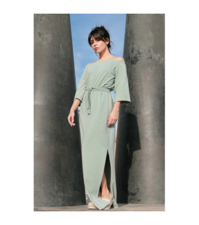 B146 Sukienka maxi z dekoltem rozkładanym na ramiona - pistacjowa