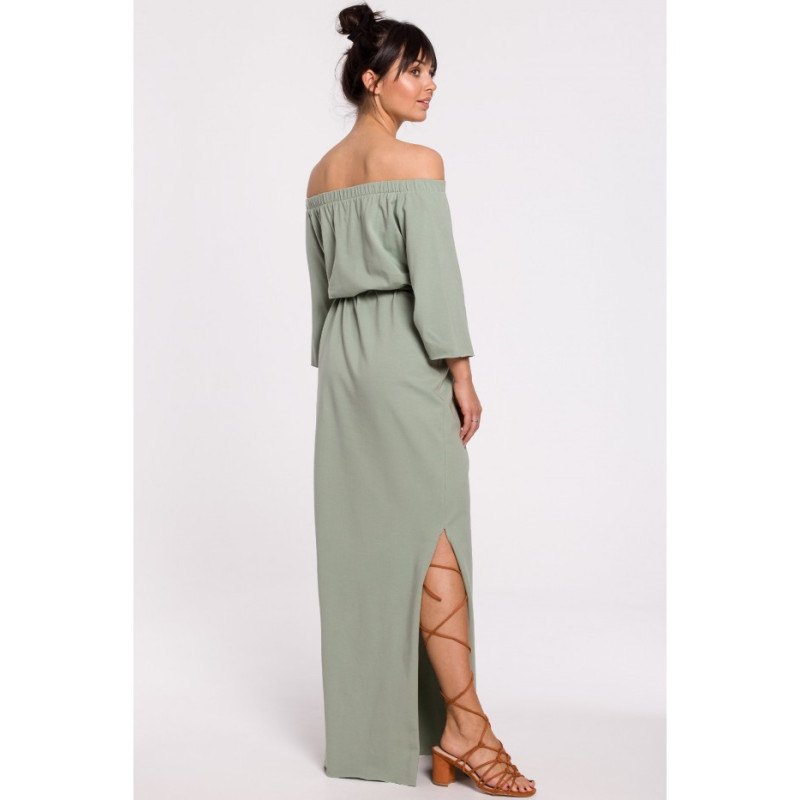 B146 Sukienka maxi z dekoltem rozkładanym na ramiona - pistacjowa