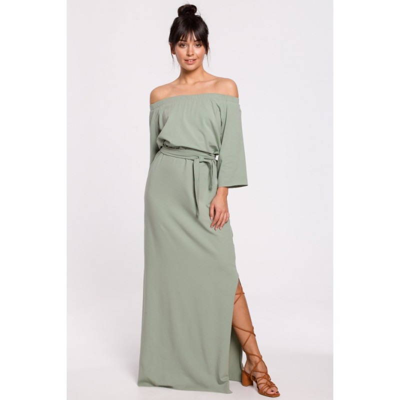 B146 Sukienka maxi z dekoltem rozkładanym na ramiona - pistacjowa