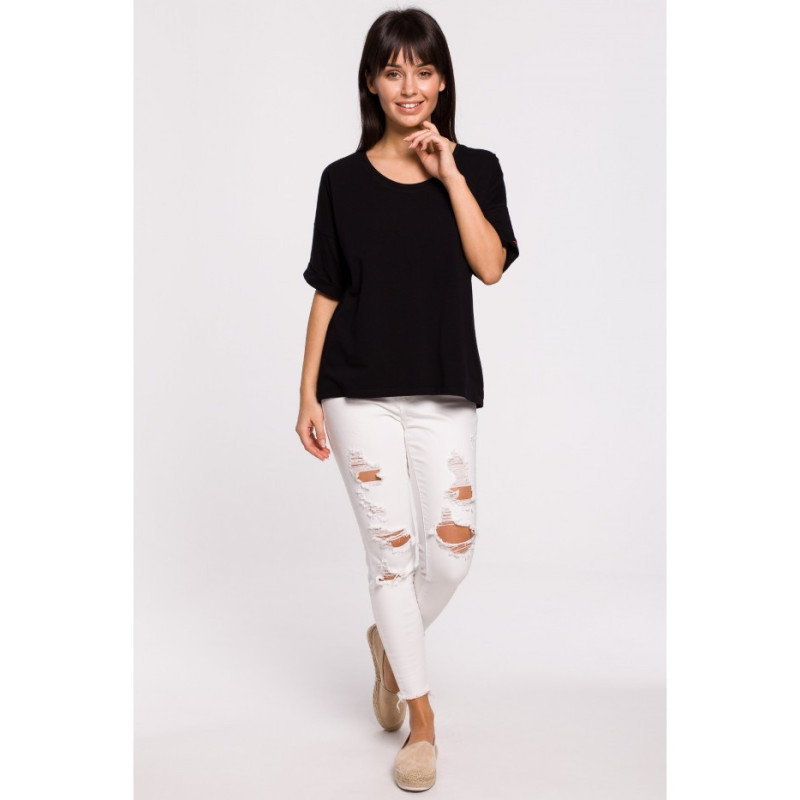 B147 T-shirt oversize z okrągłym dekoltem - czarny
