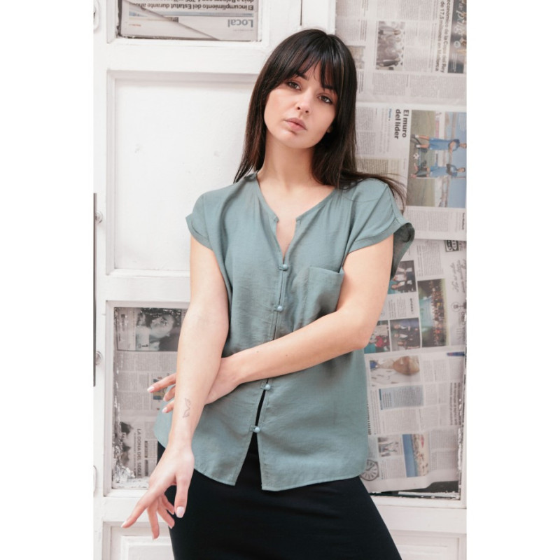 B150 Bluzka z krótkim rękawem zapinana na guziki - miętowa