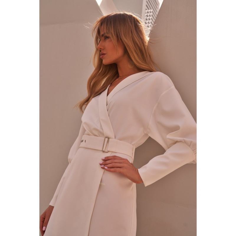 M501 Sukienka z bufiastymi rękawami i paskiem - ecru