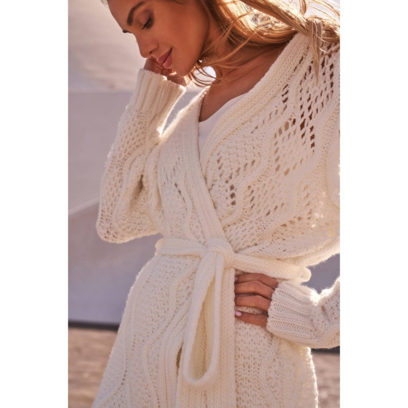 M512 Ażurowy kardigan z paskiem - ecru