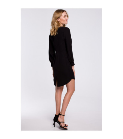 K044 Sukienka z zakładkami i bufiastymi rękawami - czarna