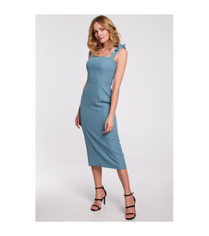 K046 Sukienka midi z wiązanymi ramiączkami - zimny niebieski