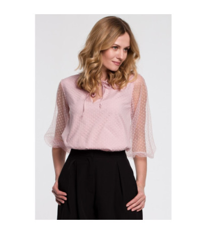 K057 Bluzka z bufiastymi rękawami i wiązaniem pod szyją - pudrowa