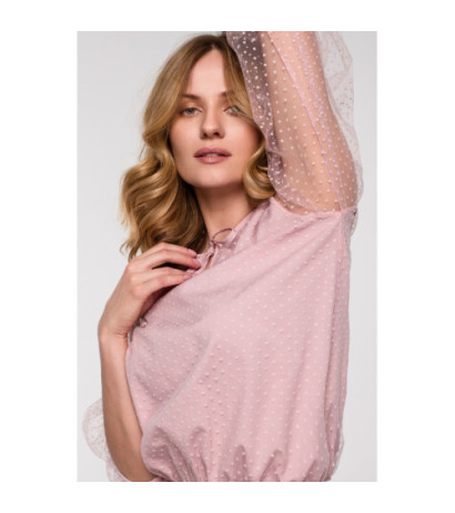 K057 Bluzka z bufiastymi rękawami i wiązaniem pod szyją - pudrowa