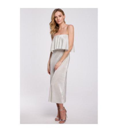 K059 Metaliczna sukienka midi z falbaną u góry - srebrna