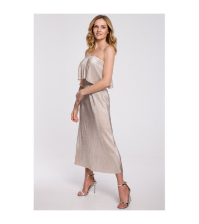 K059 Metaliczna sukienka midi z falbaną u góry - złota