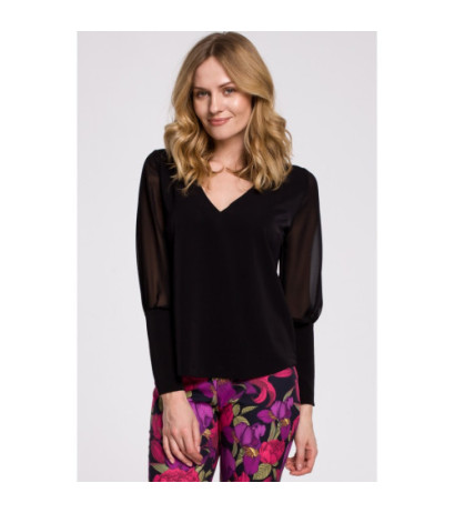 K066 Szyfonowa bluzka z dekoltem typu V - czarna