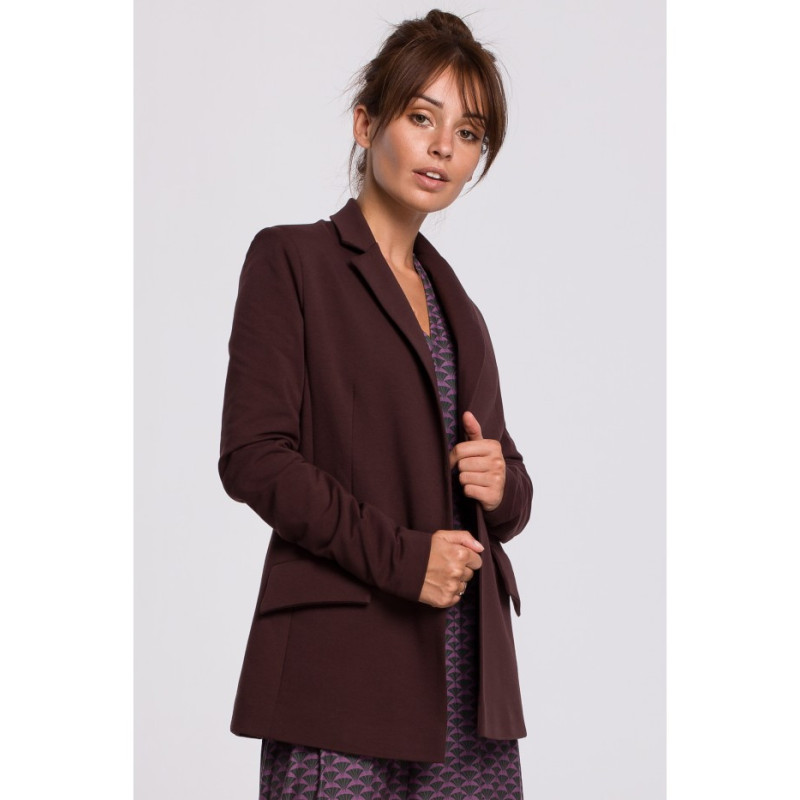 B159 Niezapinany żakiet z paskiem i klamrą - brązowy