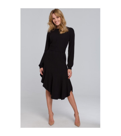 K077 Asymetryczna sukienka z falbanką - czarna