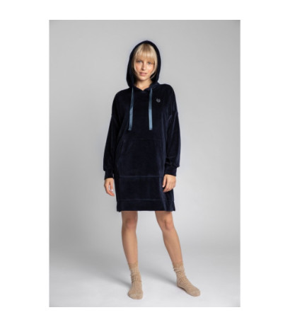 LA010 Welurowa sukienka z kapturem - granatowa