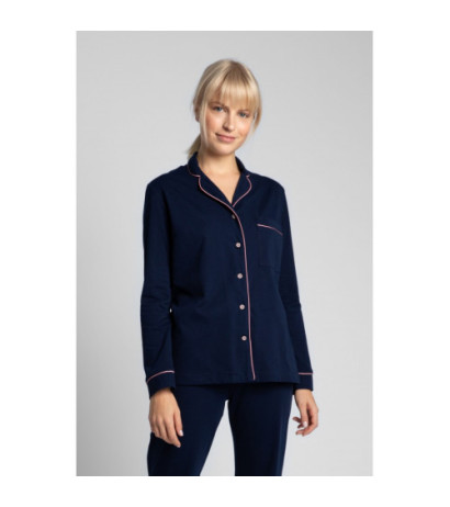 LA019 Bawełniana koszula od piżamy z kołnierzykiem - granatowa