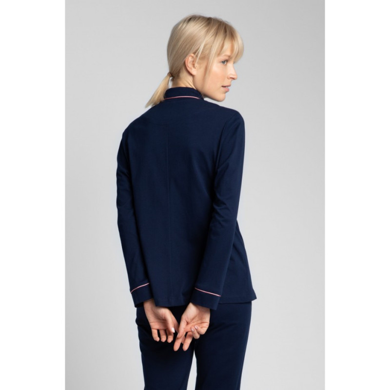 LA019 Bawełniana koszula od piżamy z kołnierzykiem - granatowa