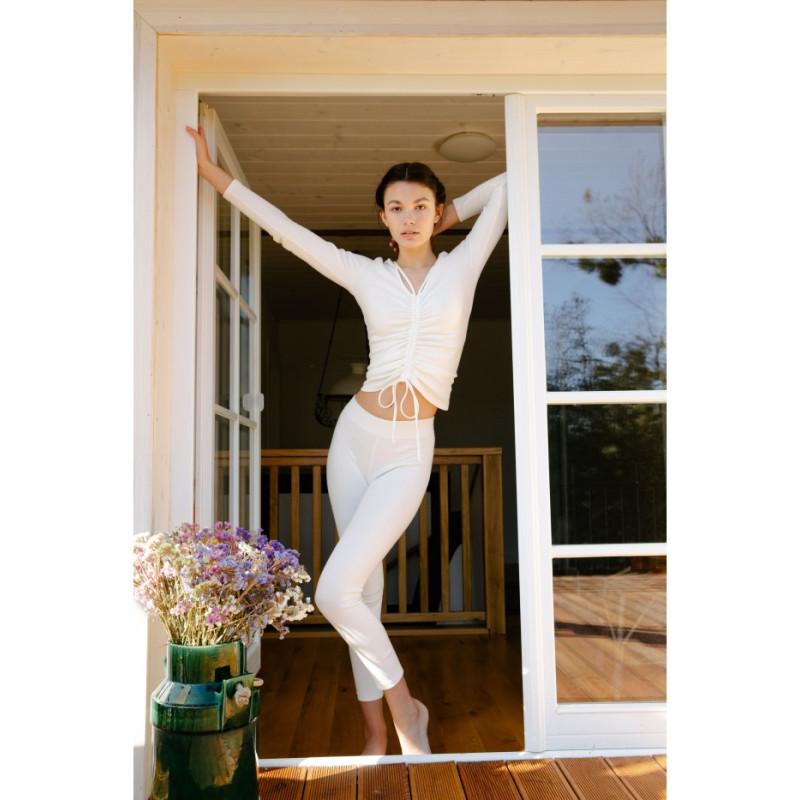 LA035 Bawełniane legginsy z dzianiny prążkowanej - ecru